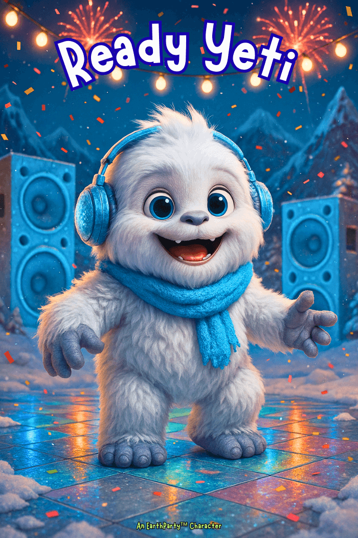 Ready Yeti dancing on a colorful snow dance floor with fireworks and speakers in the background