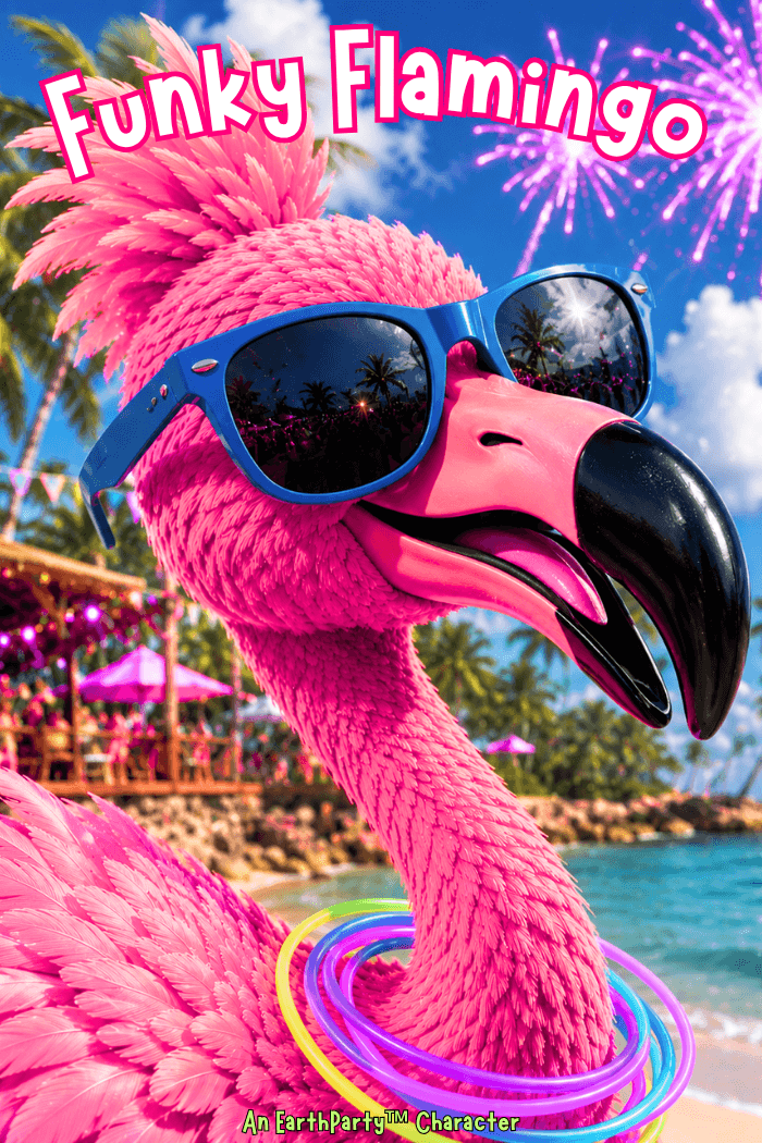 Funky Flamingo portrait dancing to The Flamingo Song - EarthParty™ kids Character